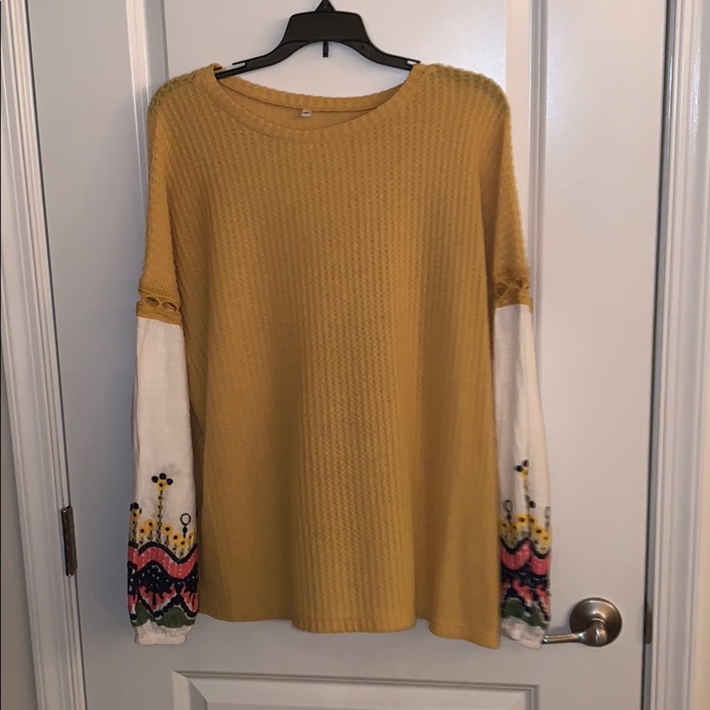 Yellow Sweater with stitched pattern sleeves